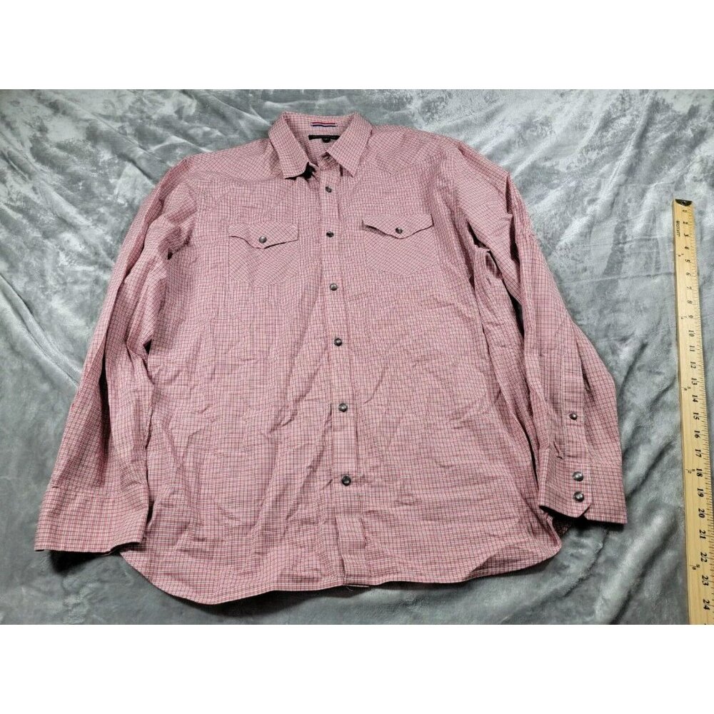 Banana Republic Shirt Men XL Pearl Snap Western Long Sleeve red blue micro plaid